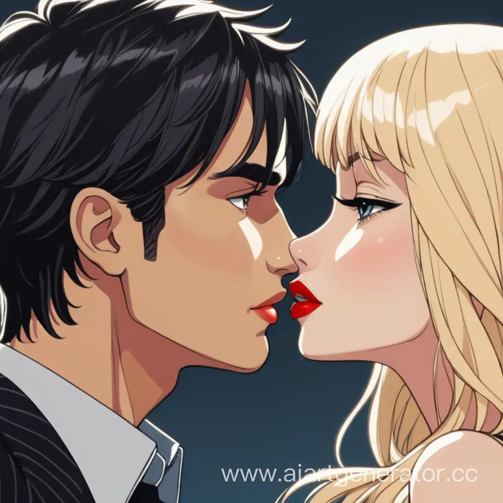 The unrequited love of a dark-haired guy with a blonde girl who has lush lips