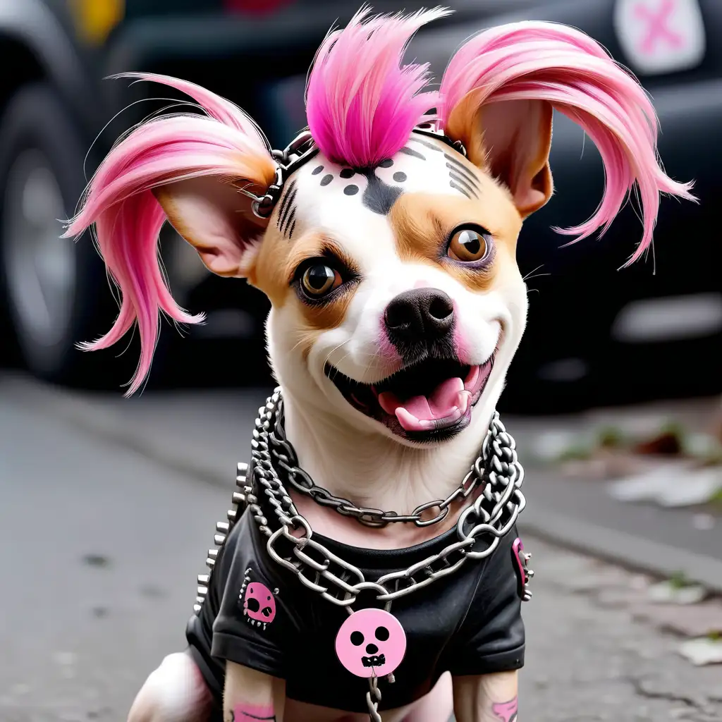 dog punk with chain and pink hair