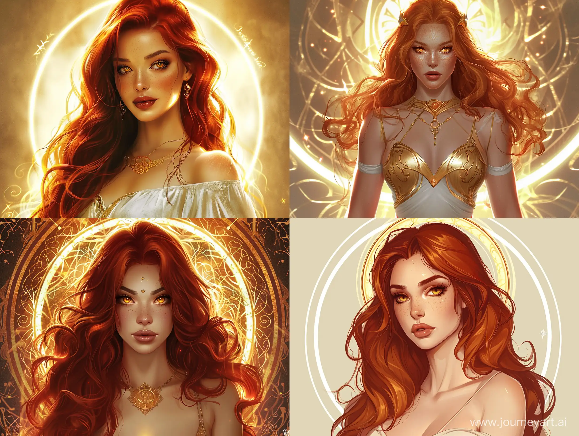 (( full body, very detailed )) Greek goddess, sun kissed skin, red hair, golden eyes, oval shaped face, stunning beauty and grace, lean athletic soft curves (( detailed skin, divine beauty, detailed body and aura )) 