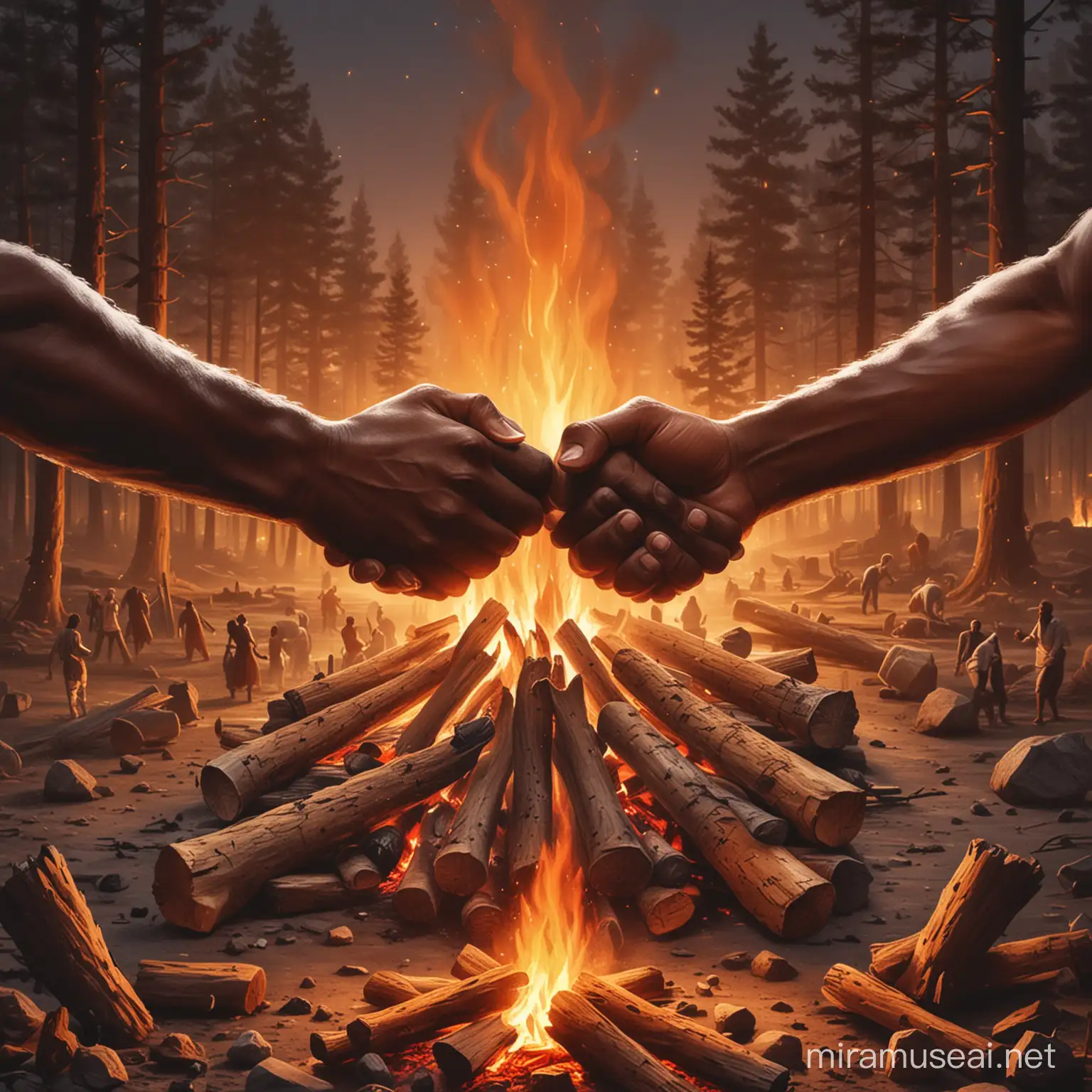 united black people holding hands around camp fire vector