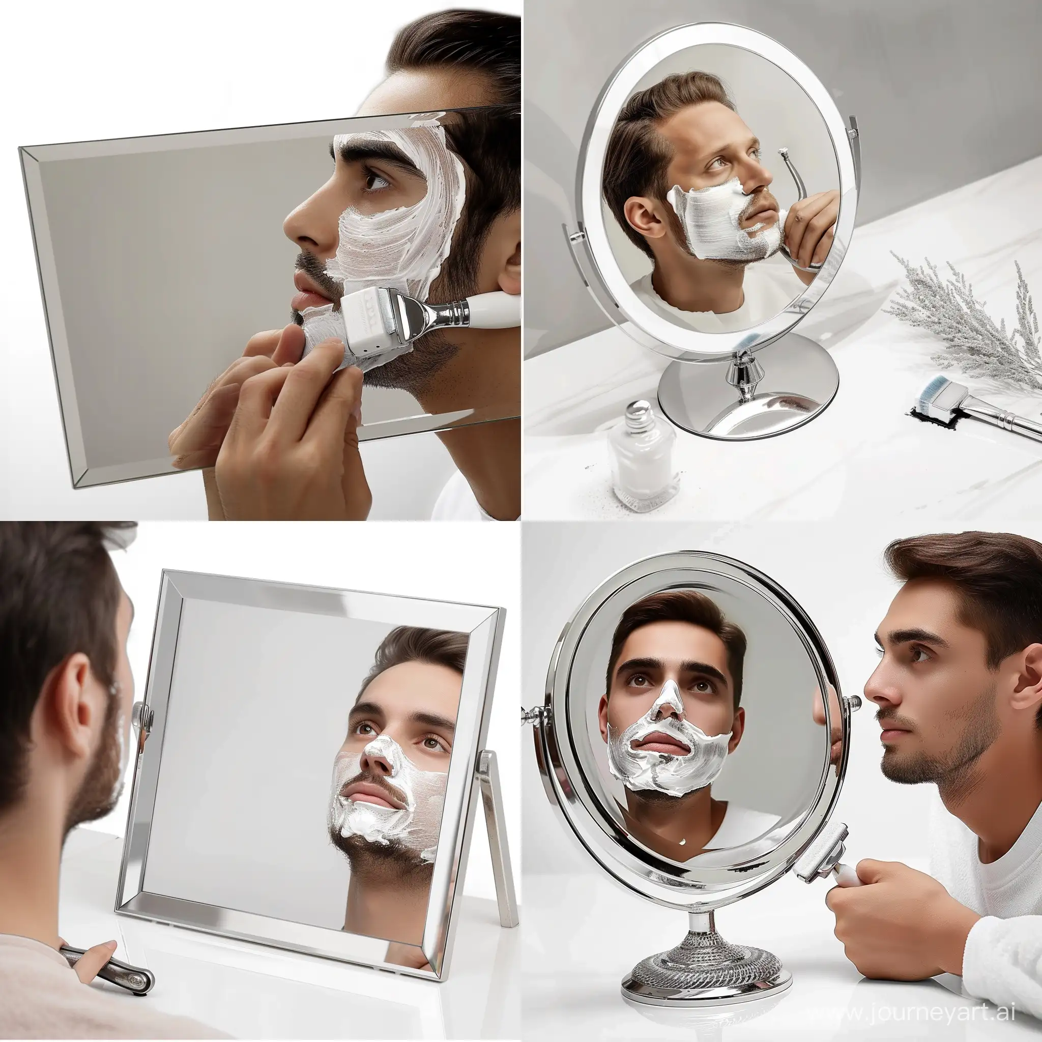 a man shaving in front a mirror, photorealistic, white background