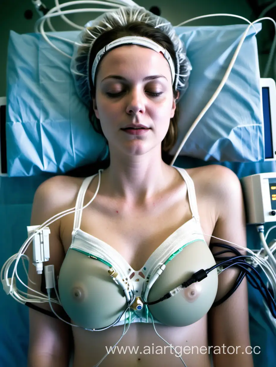 Young white woman lying down on the operating table in a hospital operating room. She is connected to heart monitors with numerous sensors and wires on her body and chest.  She has sensors and tubes attached to her face and head. Tubes and wires connect to her underwear. Tubes and wires connect to her bra.