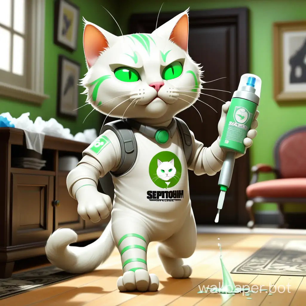 White Cat, dressed in Septohim attire, with the Trash Buster logo on his chest, walks through a beautiful room, leaving cleanliness in his wake, holding a spray bottle with a green trigger, Trash Buster.