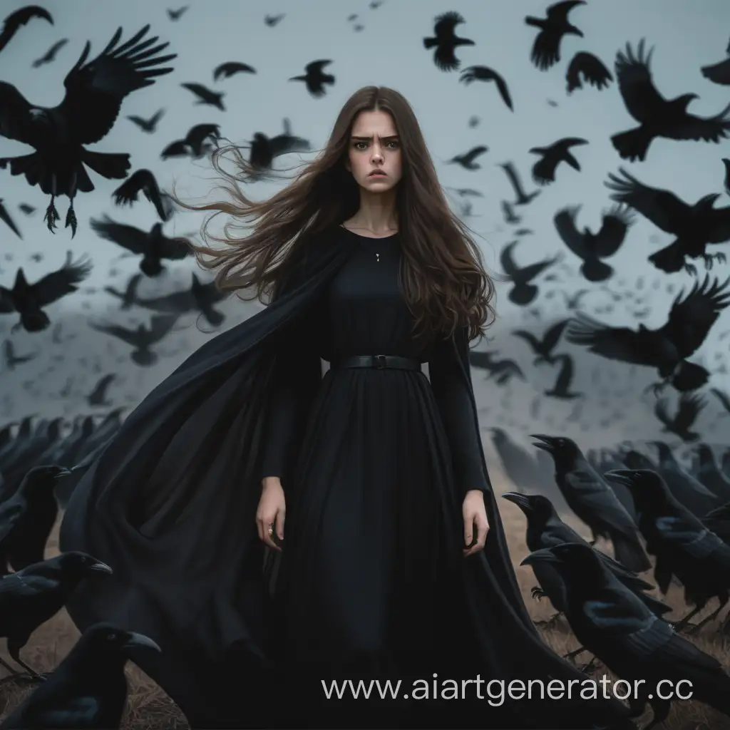 Enchanting-Woman-in-Black-Dress-Surrounded-by-Crows