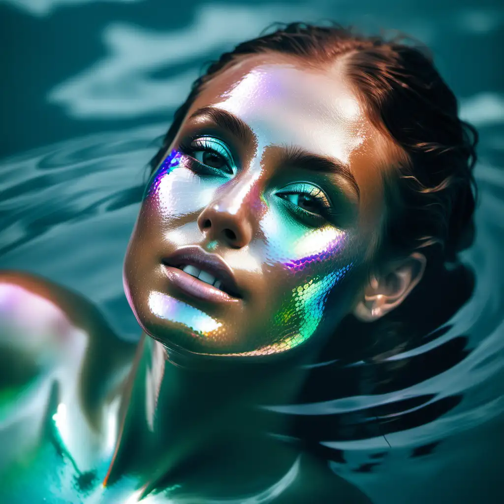 iridescent face of a beautiful woman in the water