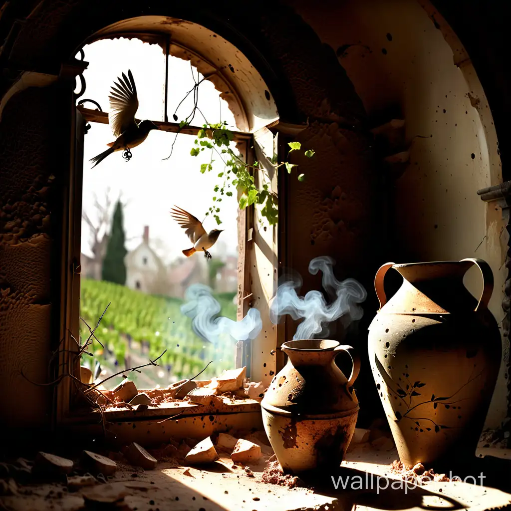 Quietly watching the dust in the slanting rays. Only then do I sense the worldly commotion, ceaseless. A sickly smile, spring ages first; leisurely compassion is truly felt. Myriad cries of birds, bitterly disturbing. Apart from raising the wine pot, nothing else is worth hearing.