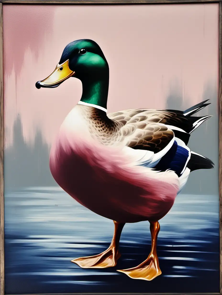 Rustic Vintage Oil Painting Tranquil Duck Amidst Dusty Pink and Dark Blue Aesthetics