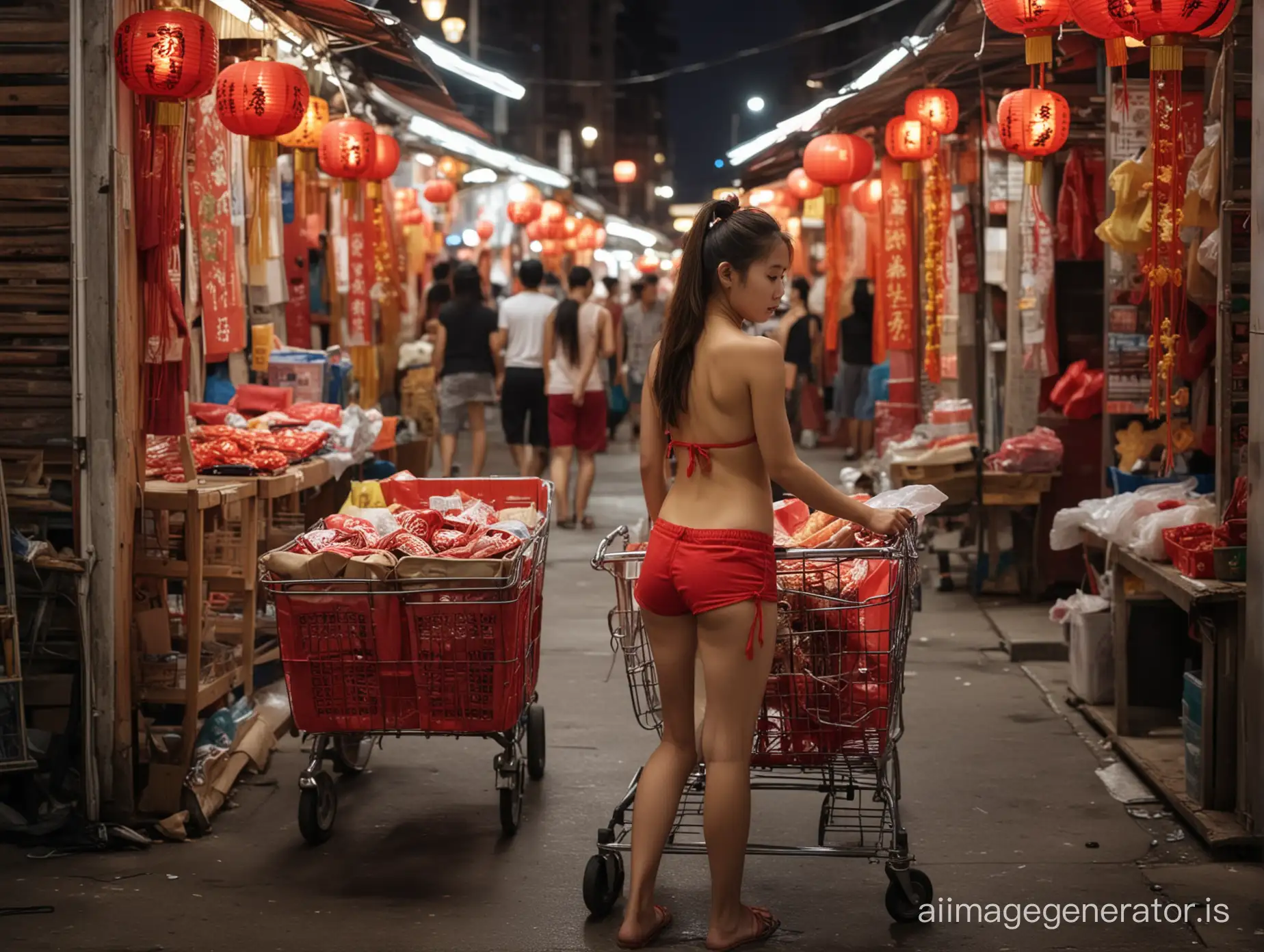 A super high resolution, best quality photojournalistic photo depicting: As the humid air clings to her skin, the young girl sets up her push cart store in the midst of a bustling night market street. With only a pair of worn red running shorts covering her slender frame, her long dark brown hair is styled into elaborate ponytails and buns. The sweat glistens on her smooth, fair skin as she arranges her handmade Chinese New Year decor on display. Despite the heat and the crowds, she works tirelessly, determined to make a living for herself. Passersby stop to admire her craftsmanship and purchase her creations, impressed by her entrepreneurial spirit at such a young age. As the night wears on, the bright white lights of the street illuminate her hard work and determination, making her stand out among the sea of vendors. This topless 13 year old girl is a symbol of resilience and determination, showcasing the true spirit of Chinese New Year in the midst of the chaotic and vibrant night market.