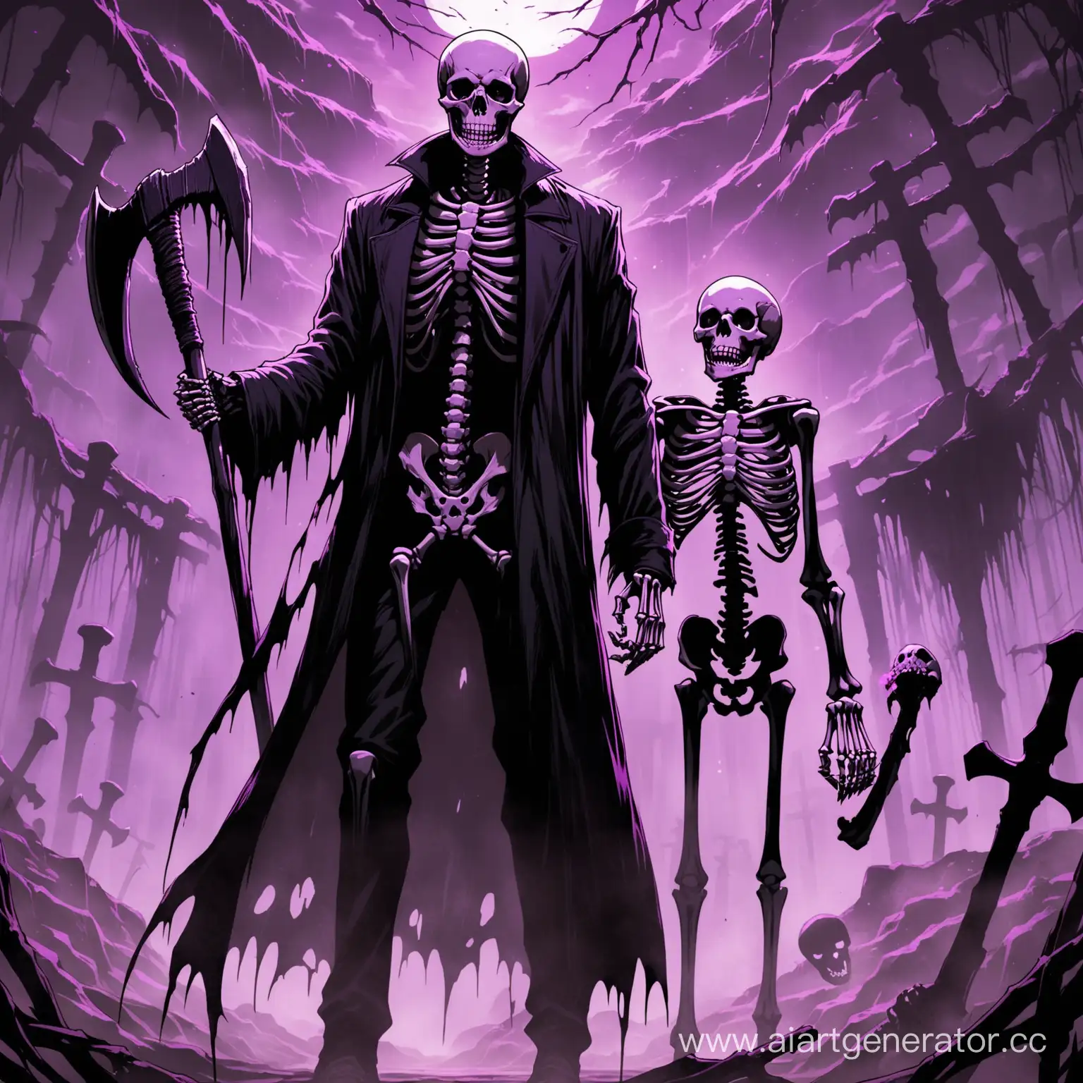 1 boy, thin, looking down, purple eyes, dressed in black clothes, skeleton, skeletal monster, 170 cm tall, smiling, holding a black bone in his hand, a madman holding a bloody axe in his hand