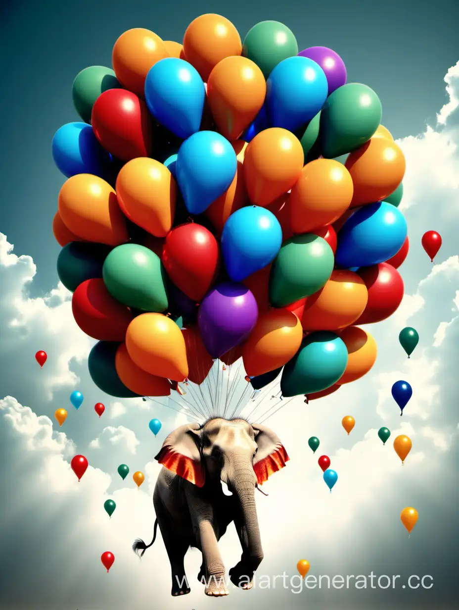 слон летит на множестве воздушных шариков, яркая картинка