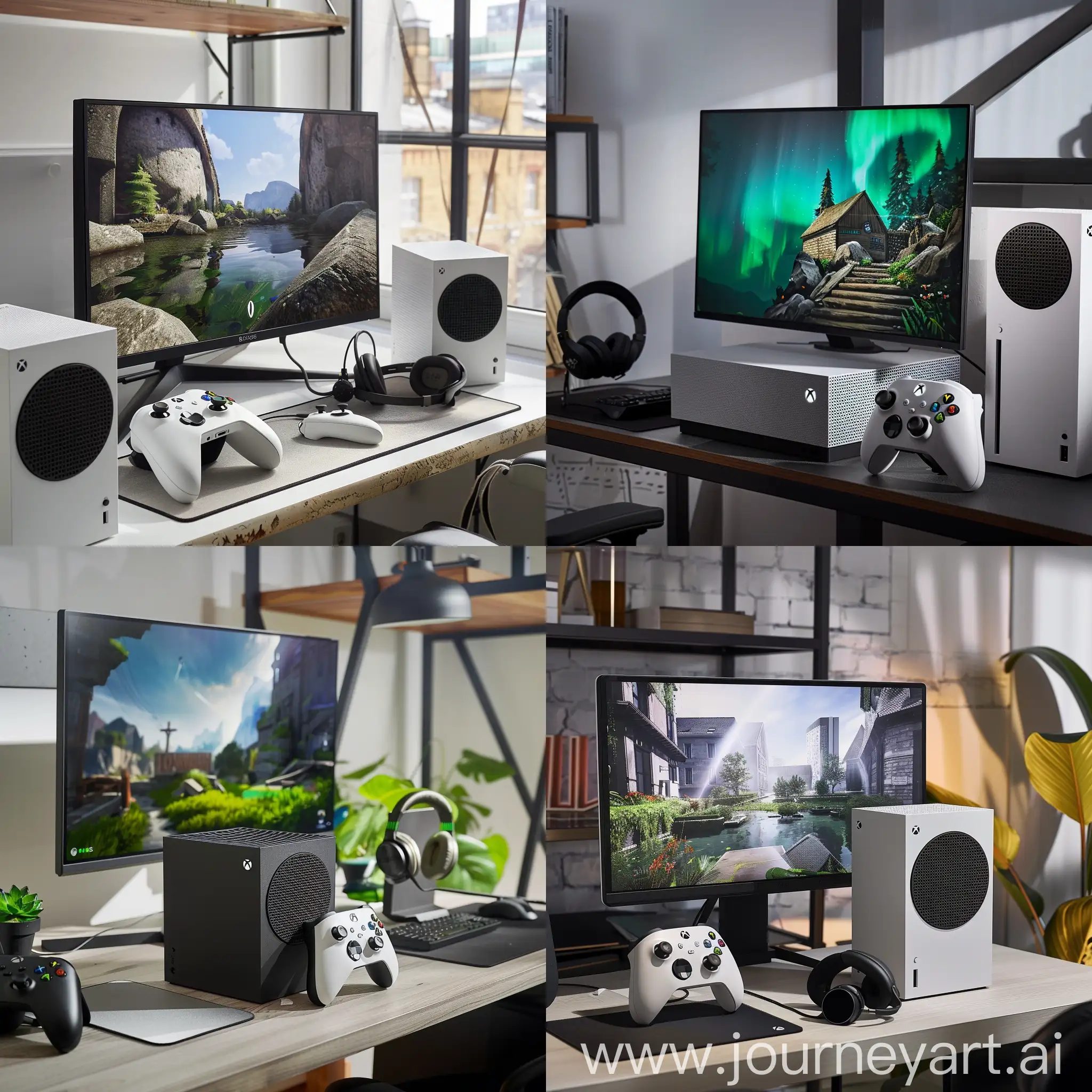 A gaming room with a monitor and xbox series s and headphone