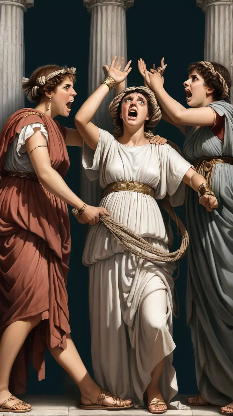 In ancient Rome, there are 3 women with their hands tied and people around them shouting
