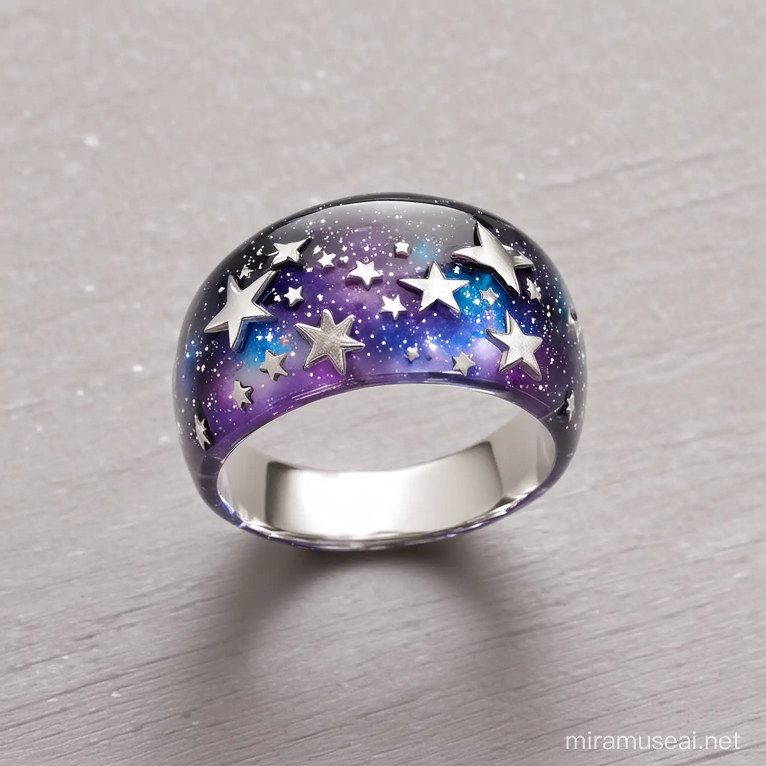 resin ring with a galaxy color effect and silver stars