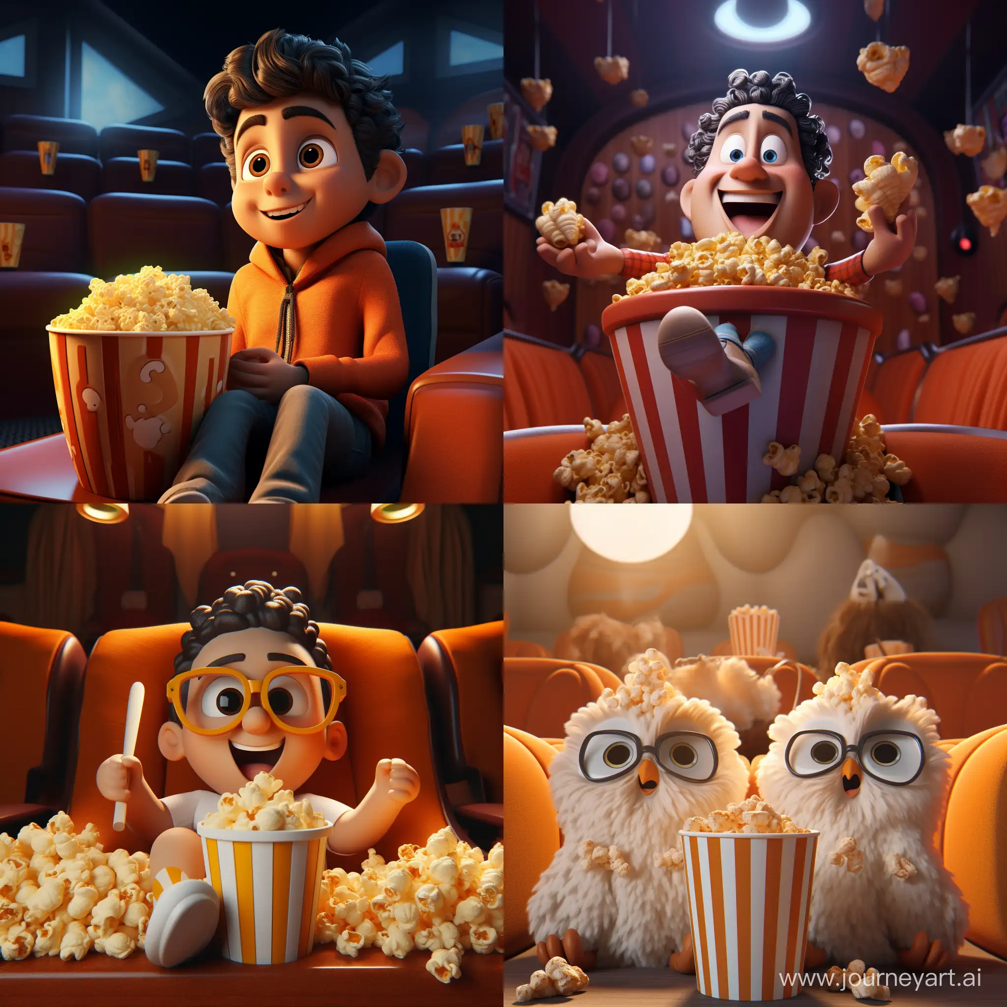 Talking Popcorn is sitting in a theater watching a movie. 3D animation 