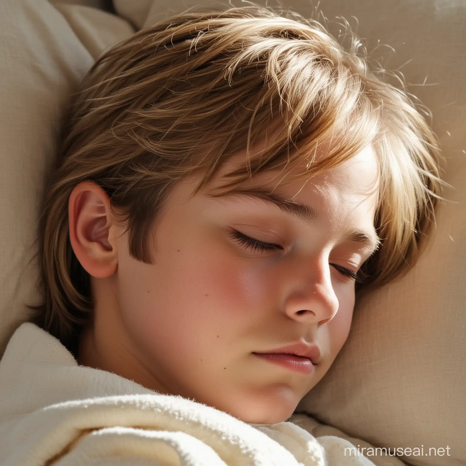 Sleeping eleven year old boy, soft shiny hair, ear length hair, head shot, sunlight, face turned to the right,  portrait view