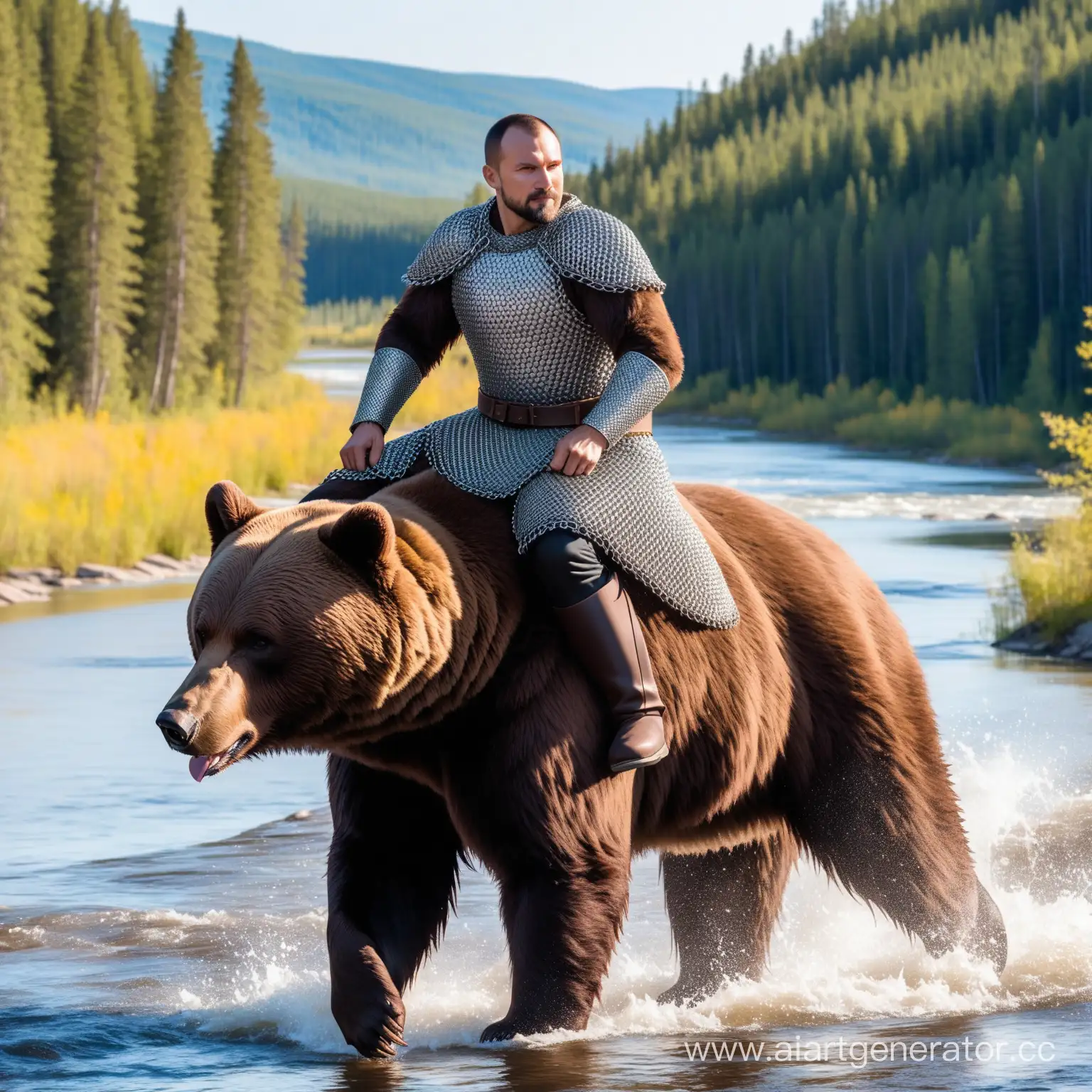 русский мужчина 35-40 лет, с видимым богатырским сложением, шатен, пострижен не коротко,  одет в кольчугу, верхом на медведе среди тайги на фоне реки, спокоен, могуществен, уверен
