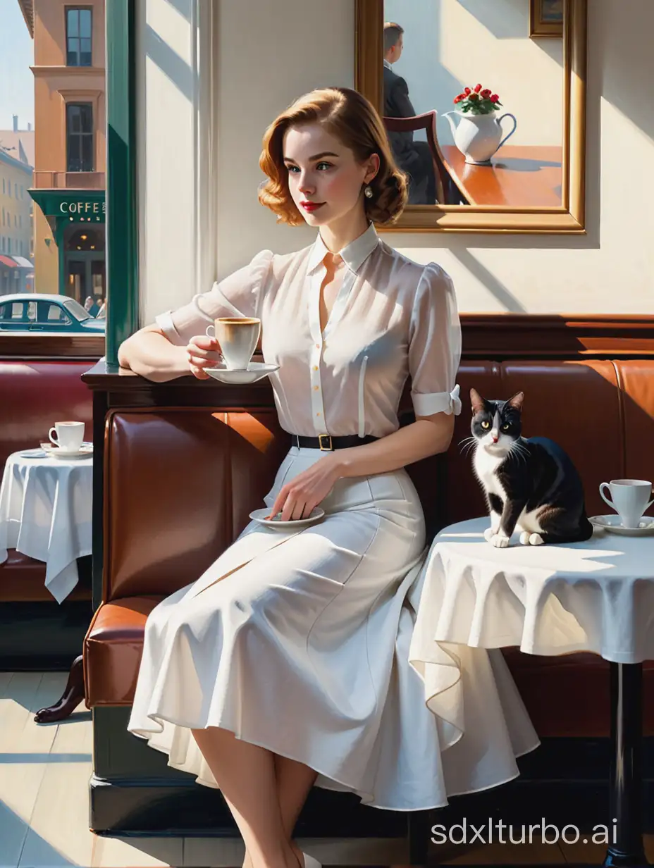 Edward Hopper style, an elegant woman in white skirt,sitting next to a table in a restaurant, savoring a cup of coffee. with a cat
