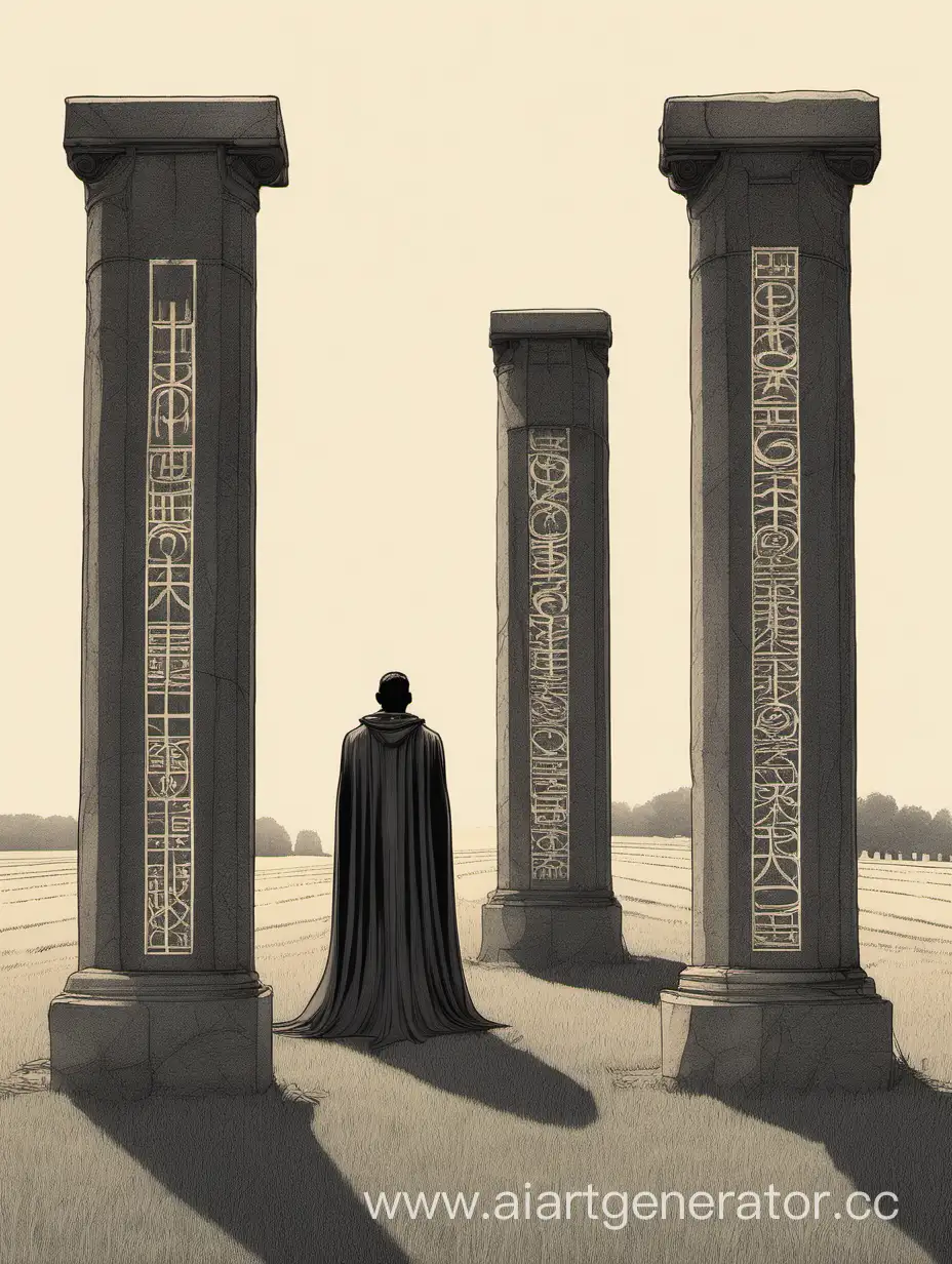 Mysterious-Cloaked-Figure-Amidst-Enigmatic-Pillars-in-Open-Field