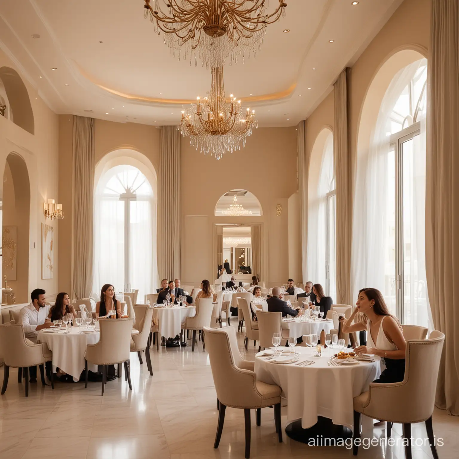 luxury woman and men in a luxury Italian  restaurant in a 5 star hotel in Bahrain, people sitting at the tables eating, the interior is bright with light colors and simple furniture