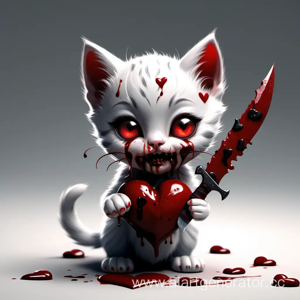 маленький котёнок держит в лапах окровавленный нож и сердце