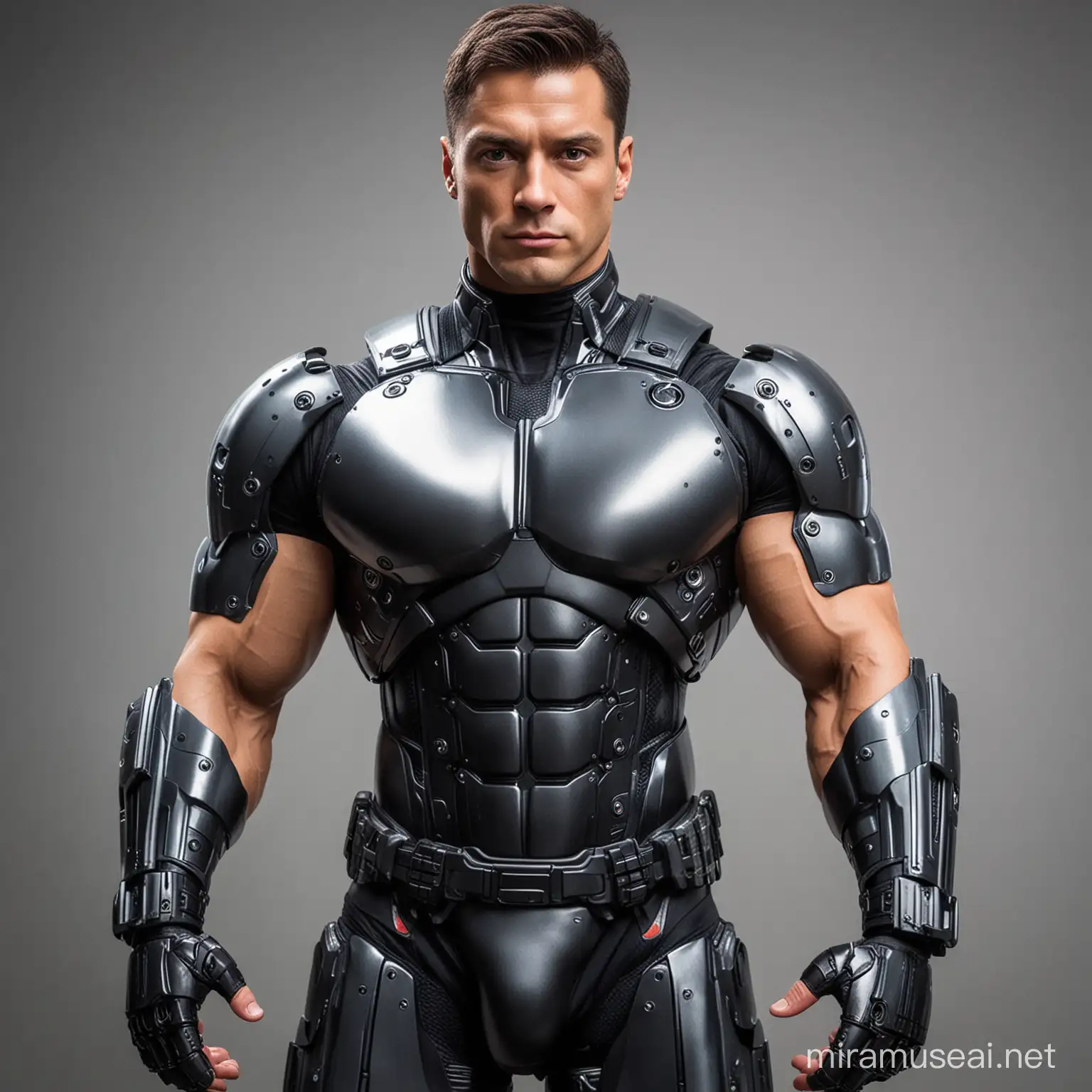 RoboCop, White Male, Olive Skin, Heavy Sexy Swole, Bodybuilders, Fullview, Posing Mode, Doing An YouTube Video, Selfie Photograph.