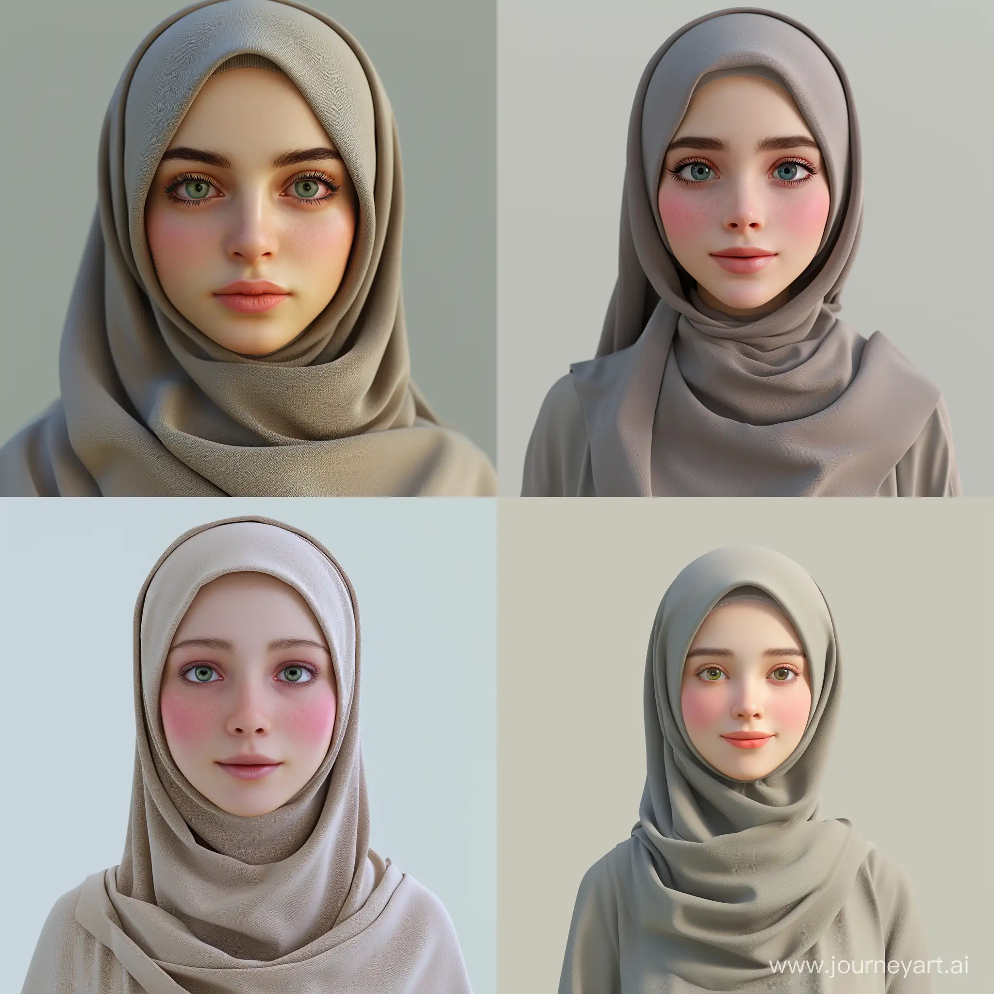 Young math teacher with hijab and attractive Olivegreencolor eyes and pink cheeks     Full hd,, 3d render straight look photo0.2 poster