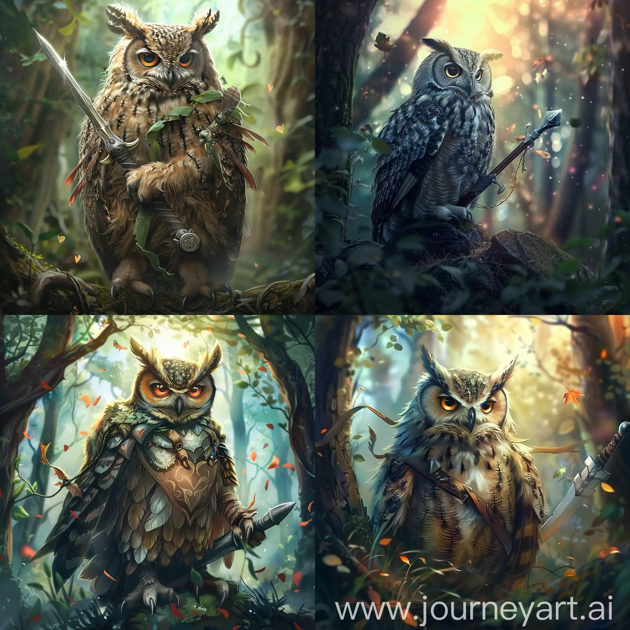 cute owl fantasy warrior in the forest