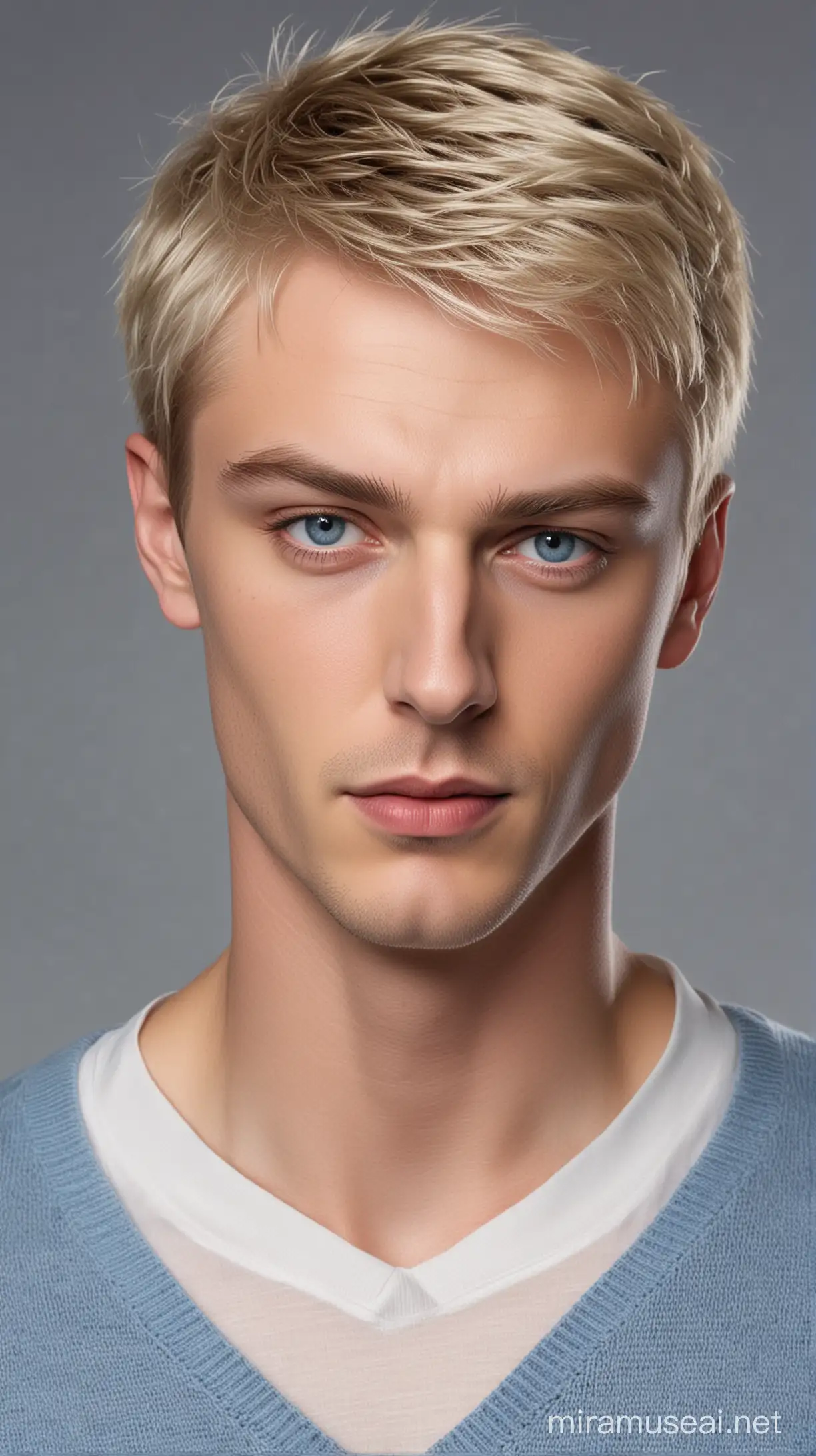 Tall Blond Man with VampireInspired Hairstyle and Blue Eyes in White Shirt and Blue Jumper