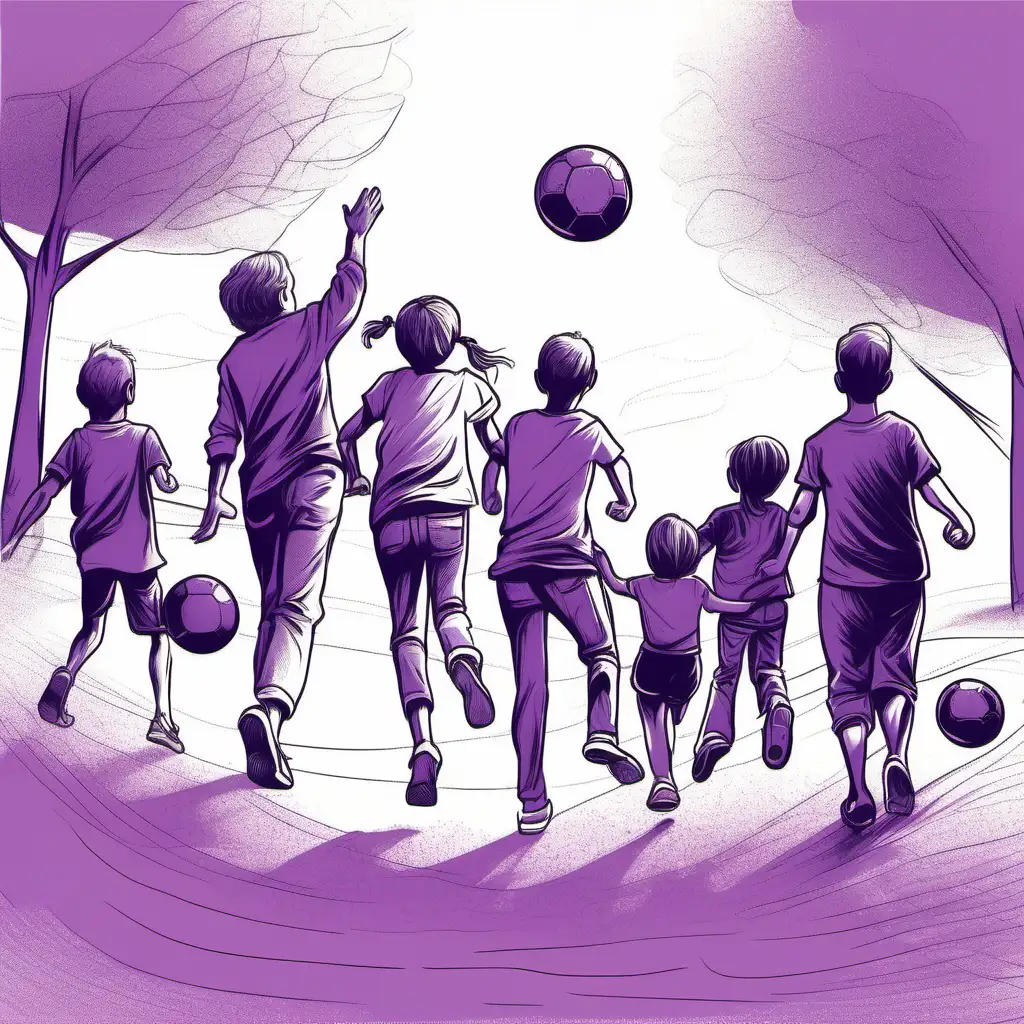 Joyful Outdoor Ball Play Vibrant Sketch of Adults and Kids in Purple Shades
