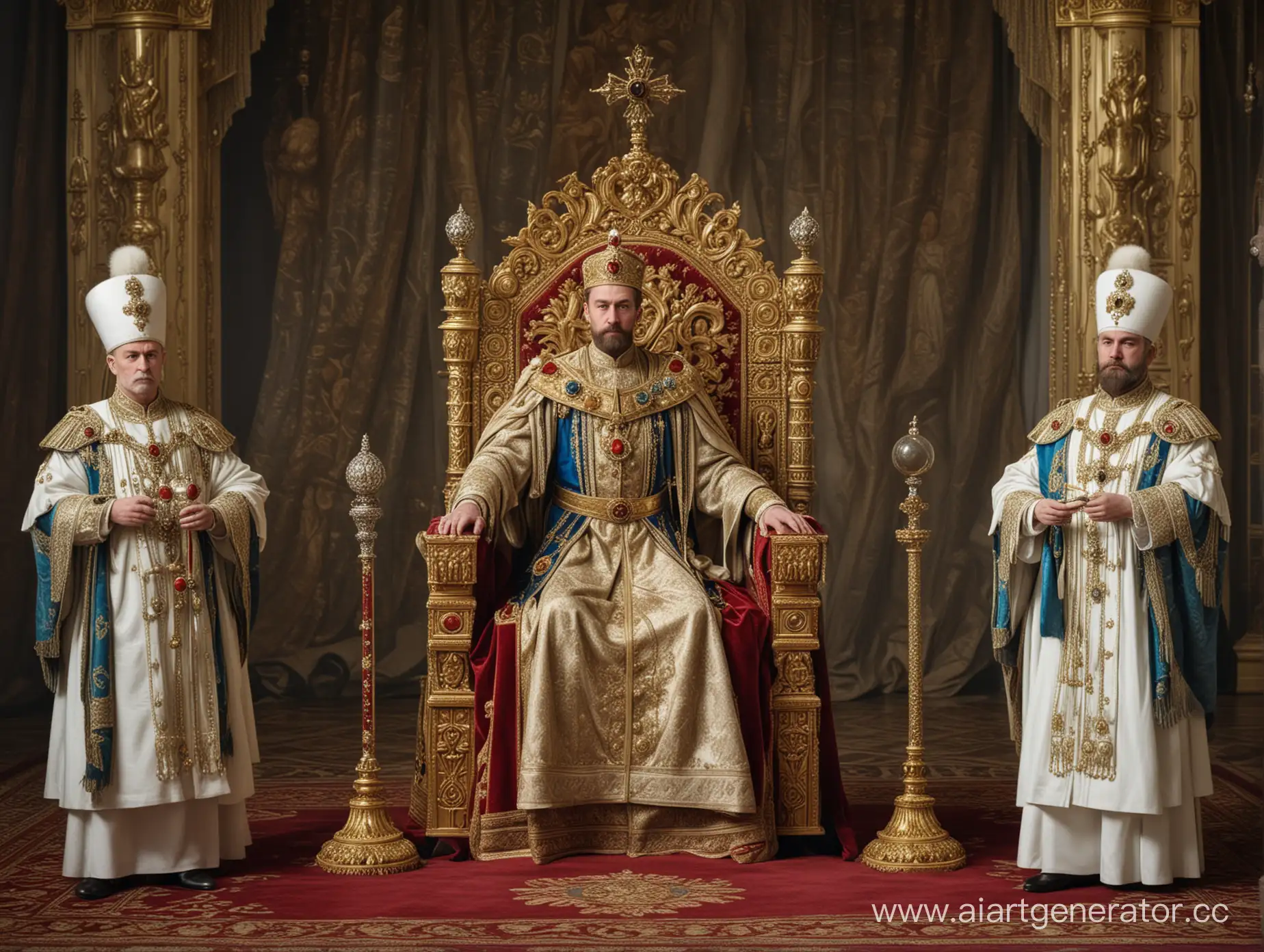 Русский царь стоит с лева от трона держа в руках царский скипитр и державу
