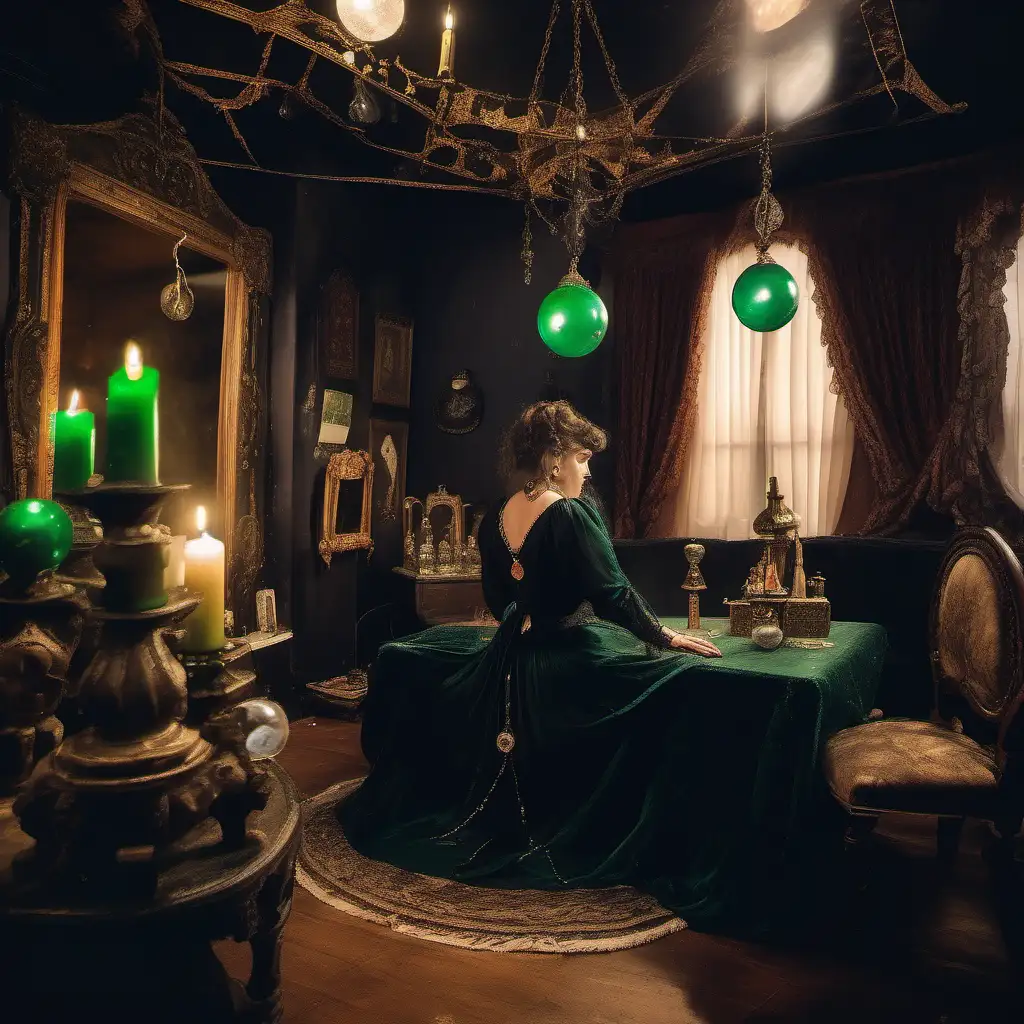 
looking at the back of a victorian era gypsy clairvoyant lady, she is wearing a beautiful black satin long dress with emerald jewels on the hem of the dress. She is  sitting facing away , she has small tarot cards on the table & a crystal ball 
