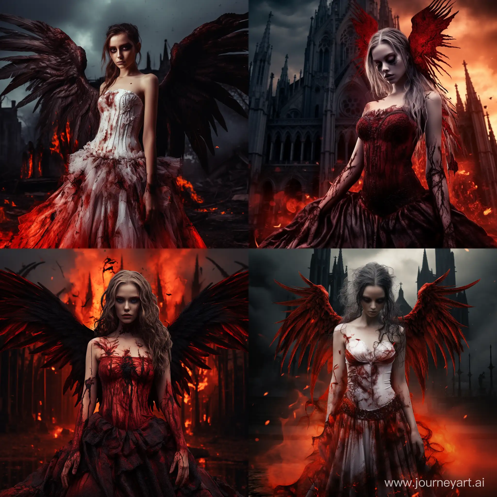 девушка-ангел в готическом стиле с огненными крыльями с слезами красного цвета из глаз в белом платье на фоне кладбища и готического собора