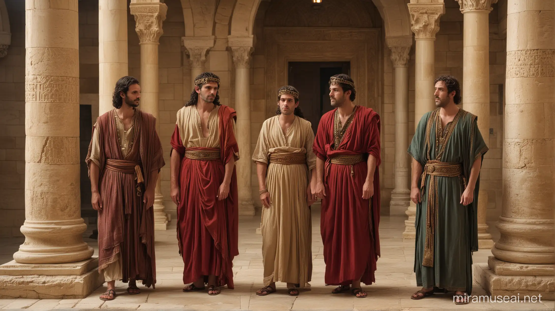 The three sons of King Herod the Great with Herod's sister Salome are inside a Palace in Jerusalem in the 1st century, the three sons are in their 30s but Salome is in her 60s and they all look worried