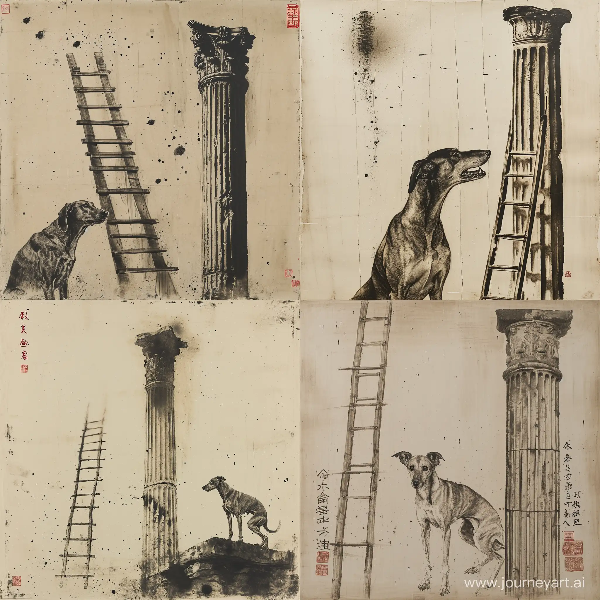 Majestic-Greyhound-Dog-with-Wooden-Ladder-and-Roman-Column-Art