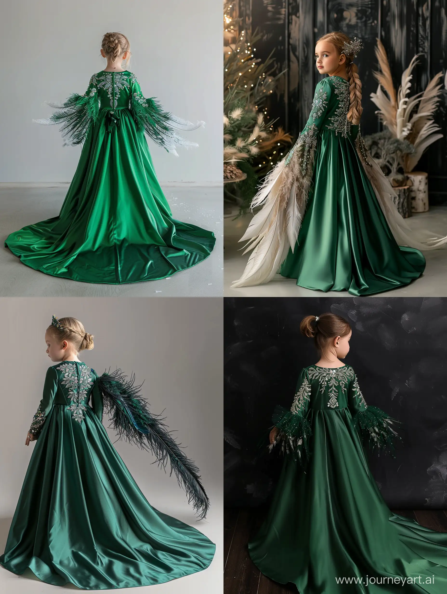 a full-length green silk dress for a little girl with embroidery of sparkling gems on the back a long train from the dress on the sleeves feathers like wings