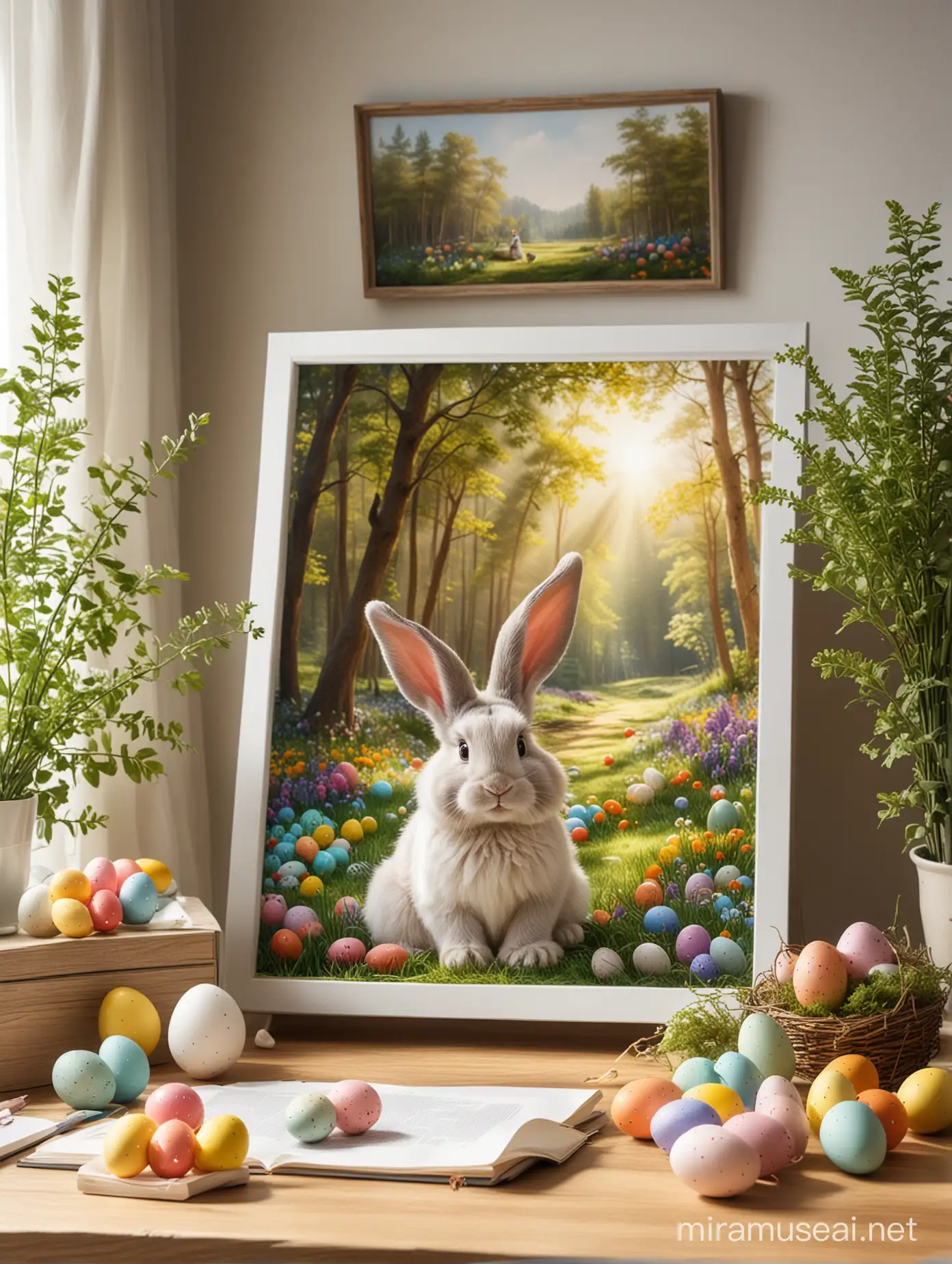 Easter Bunnys Office in the Sunlit Forest Glade with Colorful Eggs