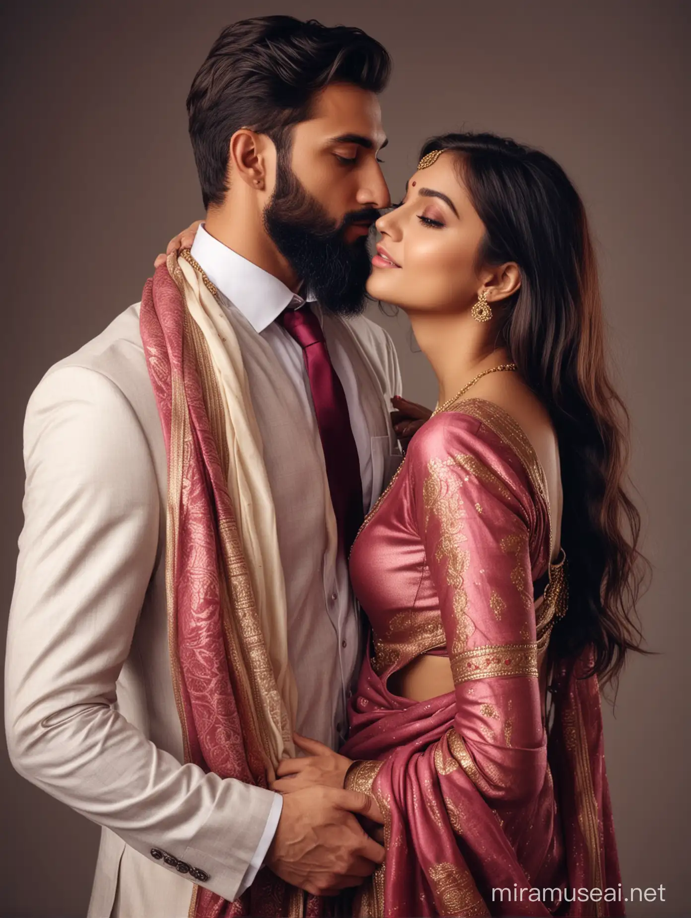 Embracing Love Stunning EuropeanIndian Couple in Traditional Attire and Formal Wear