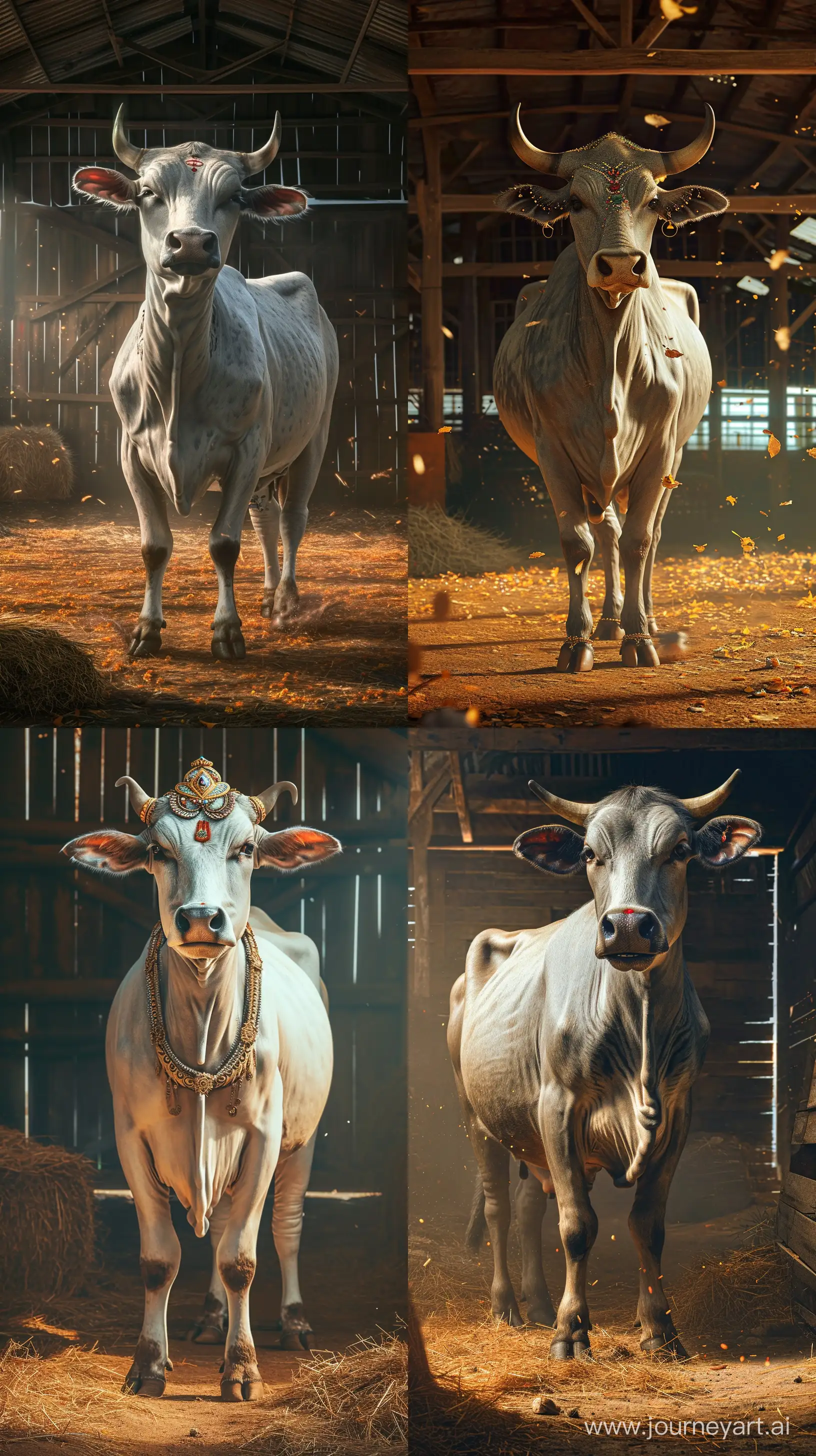 Create realistic digital painting like images depicting the divine cow Kamadhenu from ancient Hindu mythology, inside a barn, standing, soft lighting, intricate details, high resolution 8k, --ar 9:16 --v 6