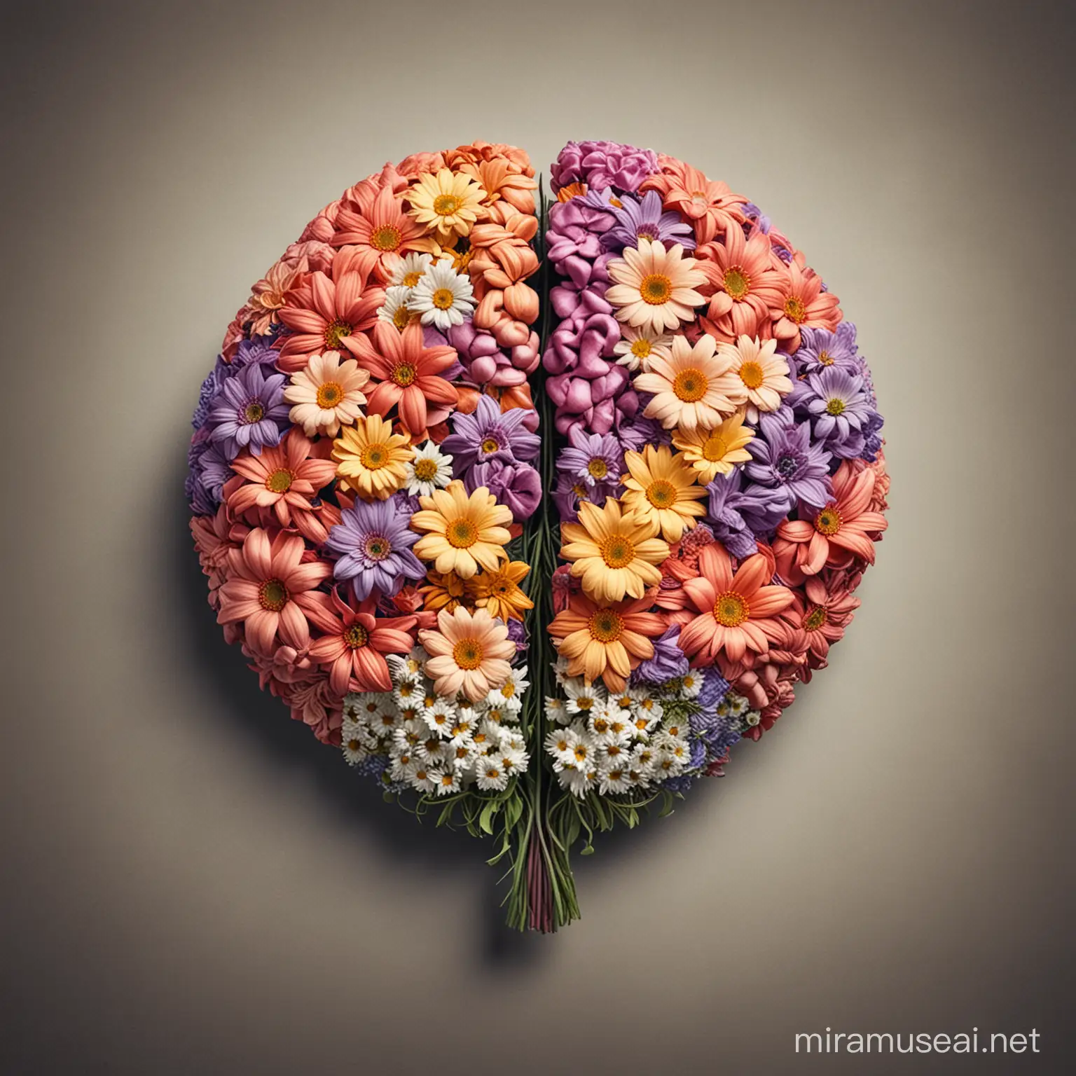 Floral Brain Sculpture with Blooming Flowers