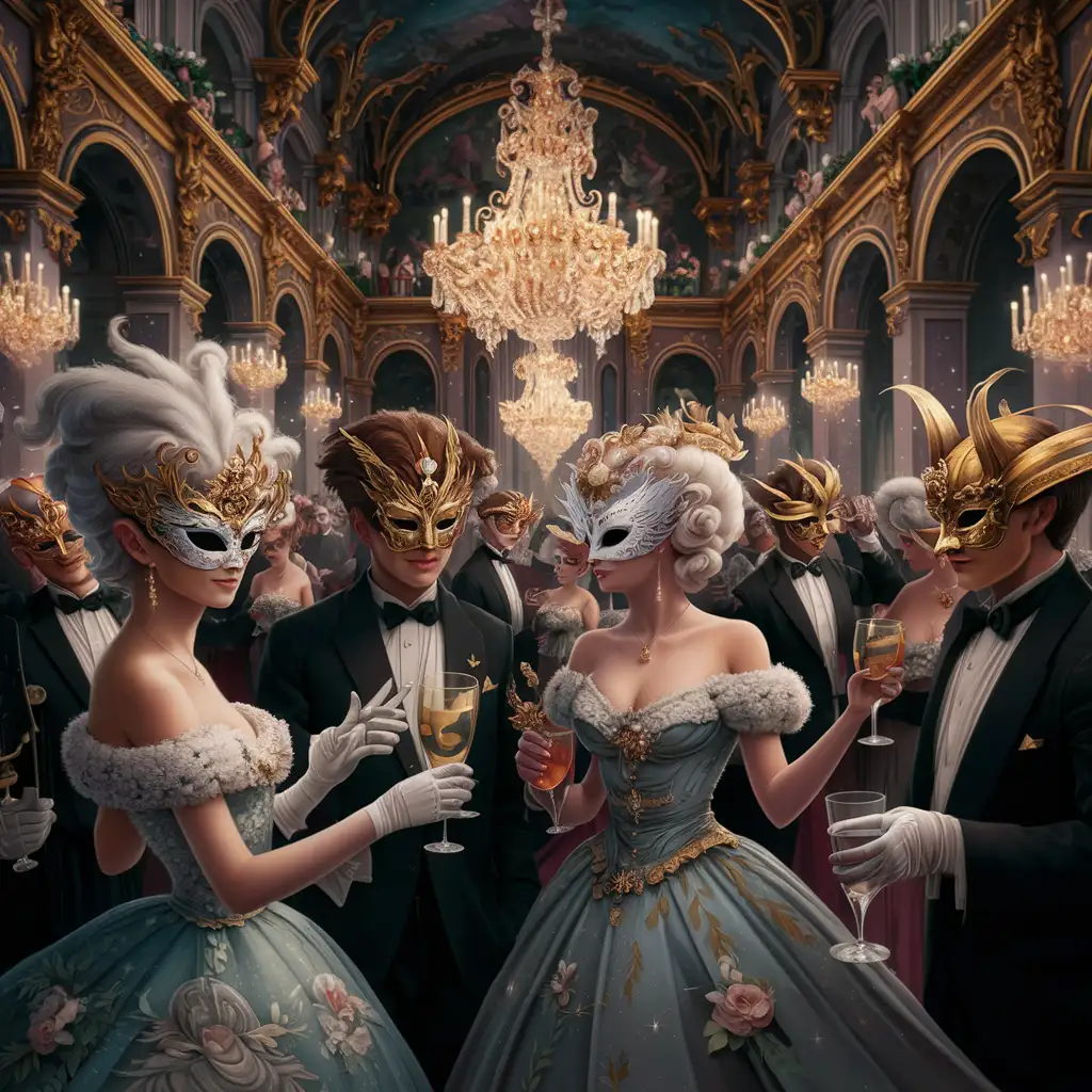 A baroque palace during a masquerade ball with guests wearing magical masks.