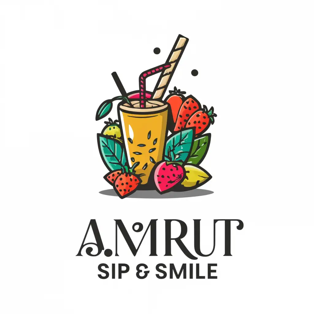 a logo design,with the text AMRUT Sip & Smile, main symbol:Sugar Cane Boba, Fruit, Smoothies, Mango, snacks,Moderate,be used in Restaurant industry,clear background