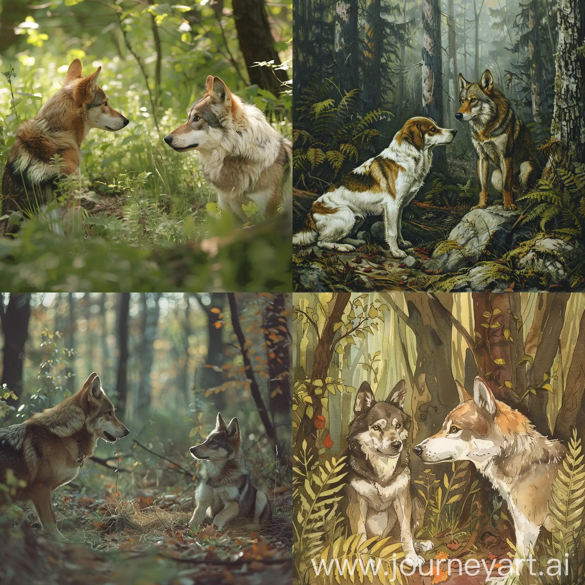 собака учится у волка жизни в лесной чаще