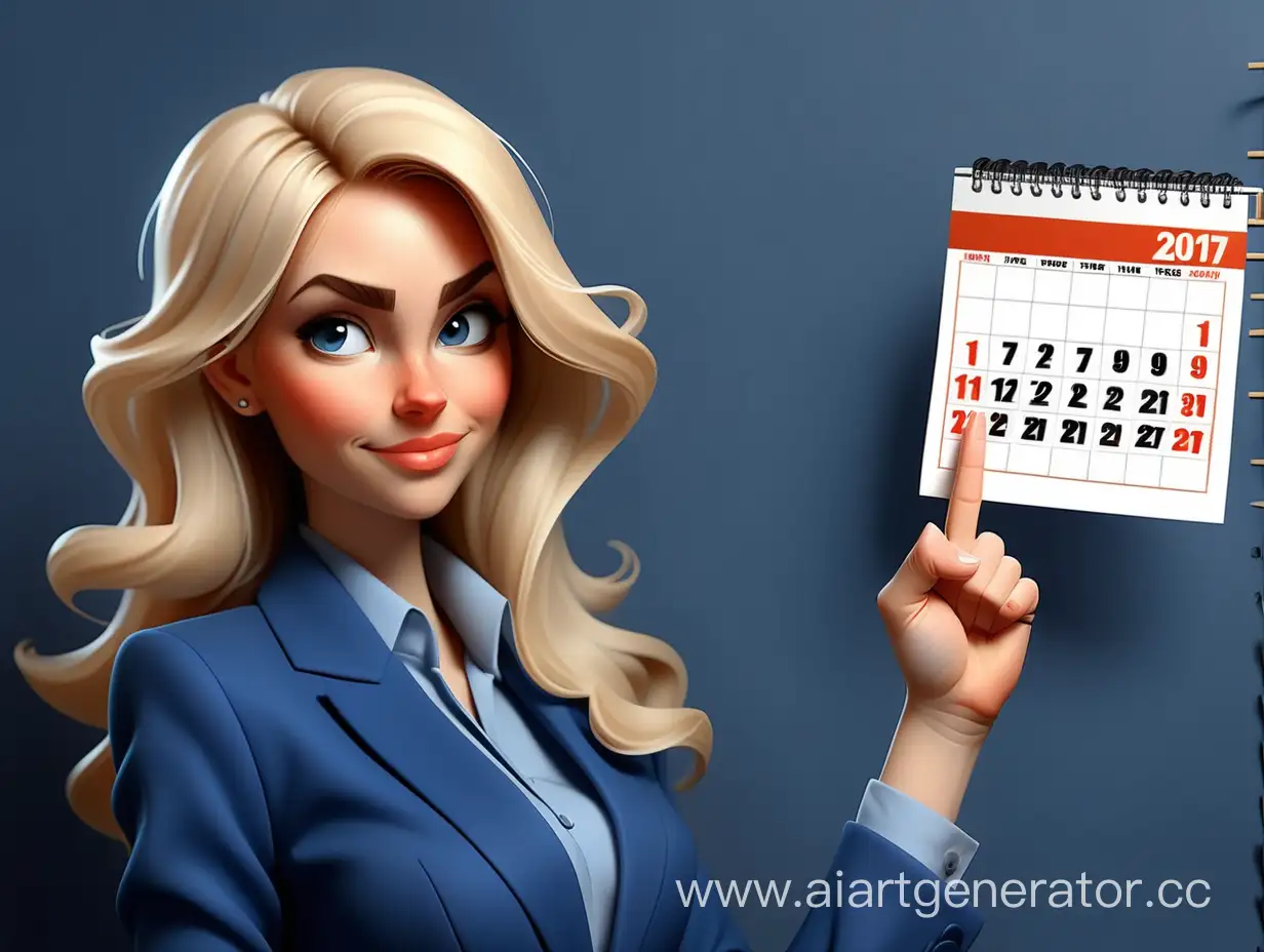 Classy-Blonde-Woman-in-Blue-Suit-with-February-Calendar-Gesture