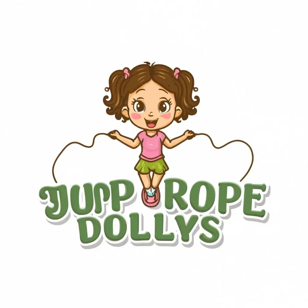 logo, caucasian green eye curly brown hair little girl named Dolly jump roping, with the text """"
Jump Rope Dolly's 
"""", typography