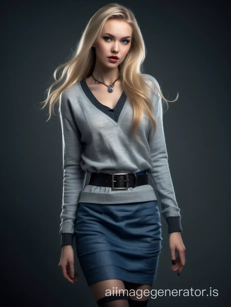 A very beautiful slender young woman with high-pinned long blonde hair, large necklace, gray sweater, deep V-neck, blue linen skirt, belt, stockings, black pumps, detailed, photorealistic