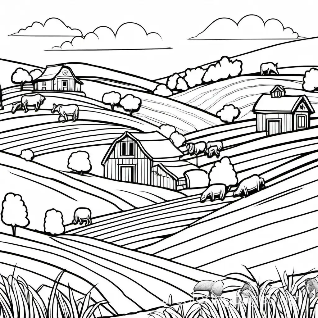 charming countryside, passing by farms and rolling hills with a few animals, Coloring Page, black and white, line art, white background, Simplicity, Ample White Space. The background of the coloring page is plain white to make it easy for young children to color within the lines. The outlines of all the subjects are easy to distinguish, making it simple for kids to color without too much difficulty