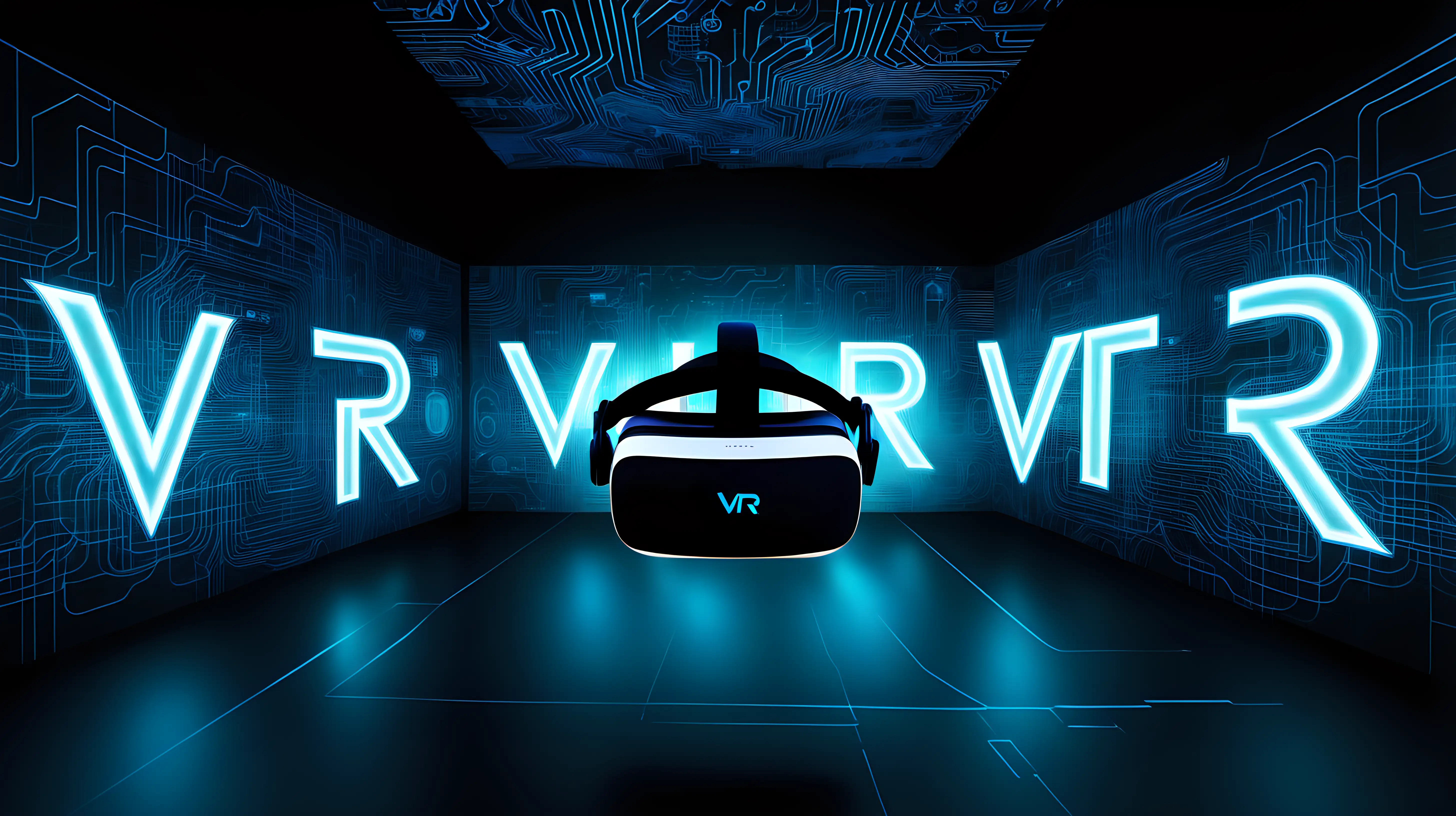 "VR" displayed in glowing, circuit-like patterns against a dark, dystopian backdrop, illustrating the technological advancements and complexities of virtual reality.