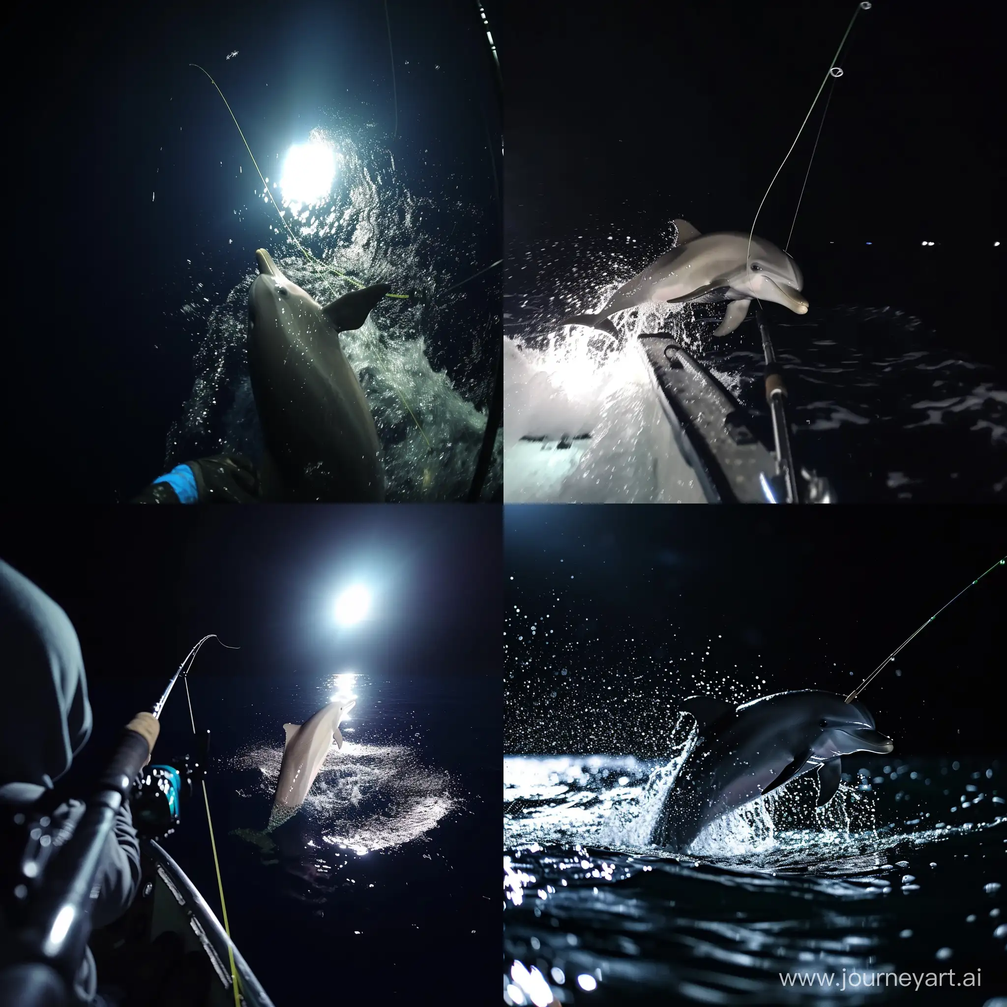 first person perspective while fishing in the ocean at night and reeling in a dolphin