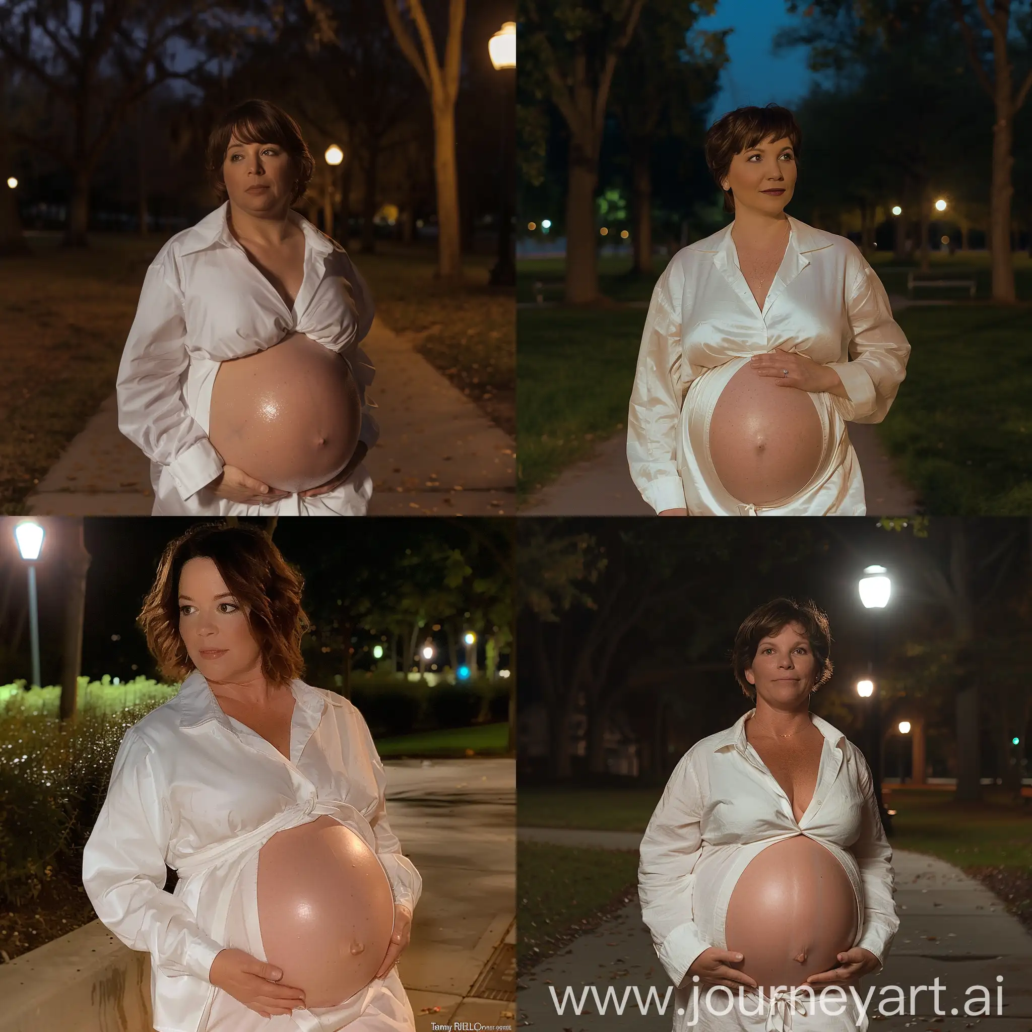 28 year old Tammy Riddle. She is 6'0" in height, Caucasian, Has short brown hair and brown eyes. She wears a white button up gown. She is walking through a park at night, While 9 months pregnant with Twins. Her pregnant belly is very large. bare belly.