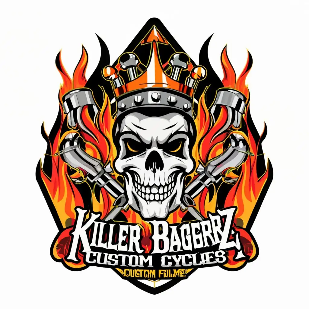 a logo design,with the text "killer baggerz custom cycles", main symbol:king's crown skulls pistons ghostflames,Moderate,be used in Travel industry,clear background